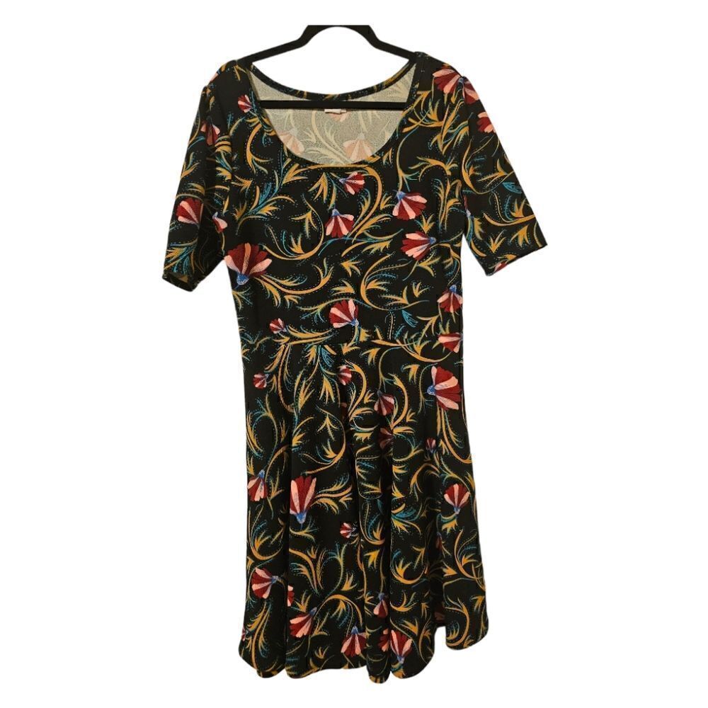 LULAROE‎ "Nicole" Black Red Floral A-Line Dress - Size 2XL